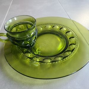 INDIANA GLASS KINGS CROWN PLATE & CUP Vintage Green